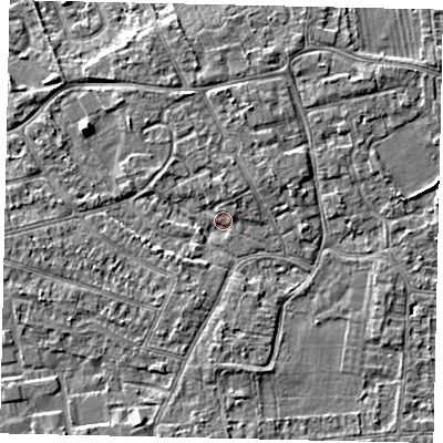 Shaded relief map of the ground around KT82TX, computed from Environment Agency LiDAR. The ground here sits at about 10 m above sea level and falls 5 m across the surrounding 800 m. Surface water reaching this point runs off ground lying to the north-north-east, 2.2 m higher.