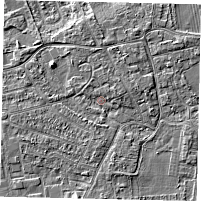 Shaded relief map of the ground around KT82TY, computed from Environment Agency LiDAR. The ground here sits at about 10 m above sea level and falls 5 m across the surrounding 800 m. Surface water reaching this point runs off ground lying to the north-east, 2.1 m higher.