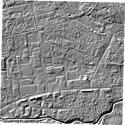 Shaded relief map of the ground around KT82UZ, computed from Environment Agency LiDAR. The ground here sits at about 10 m above sea level and falls 4 m across the surrounding 800 m. Surface water reaching this point runs off ground lying to the south-south-west, 2.5 m higher.