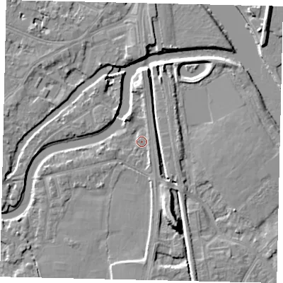 Shaded relief map of the ground around KT89AA, computed from Environment Agency LiDAR. The ground here sits at about 7 m above sea level and falls 9 m across the surrounding 800 m. Surface water reaching this point runs off ground lying to the south-south-east, 1.9 m higher.