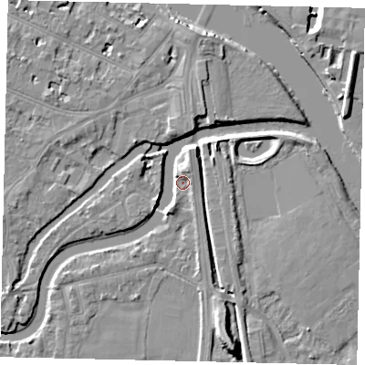 Shaded relief map of the ground around KT89AB, computed from Environment Agency LiDAR. The ground here sits at about 7 m above sea level and falls 9 m across the surrounding 800 m. Surface water reaching this point runs off ground lying to the north-north-east, 4.6 m higher.