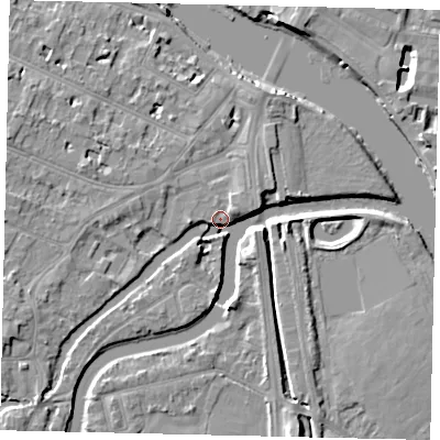 Shaded relief map of the ground around KT89AD, computed from Environment Agency LiDAR. The ground here sits at about 8 m above sea level and falls 9 m across the surrounding 800 m. Surface water reaching this point runs off ground lying to the west-south-west, 6.0 m higher.