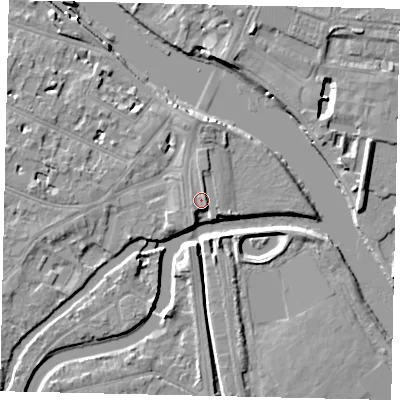 Shaded relief map of the ground around KT89AE, computed from Environment Agency LiDAR. The ground here sits at about 9 m above sea level and falls 9 m across the surrounding 800 m. Surface water reaching this point runs off ground lying to the north-north-east, 1.4 m higher.