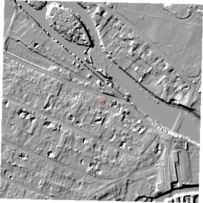 Shaded relief map of the ground around KT89AF, computed from Environment Agency LiDAR. The ground here sits at about 8 m above sea level and falls 9 m across the surrounding 800 m. Surface water reaching this point runs off ground lying to the west, 4.8 m higher.