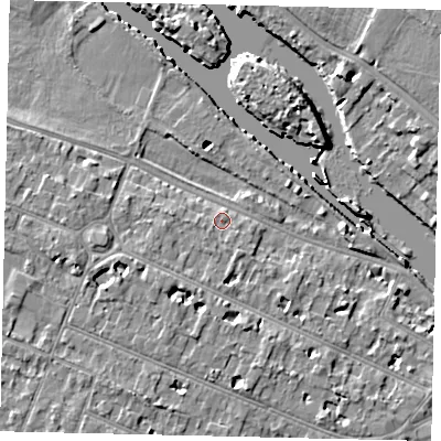 Shaded relief map of the ground around KT89AG, computed from Environment Agency LiDAR. The ground here sits at about 9 m above sea level and falls 7 m across the surrounding 800 m. Surface water reaching this point runs off ground lying to the west-south-west, 2.0 m higher.