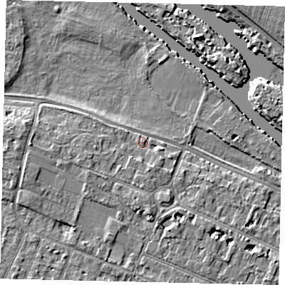 Shaded relief map of the ground around KT89AH, computed from Environment Agency LiDAR. The ground here sits at about 9 m above sea level and falls 7 m across the surrounding 800 m. Surface water reaching this point runs off ground lying to the south, 2.7 m higher.