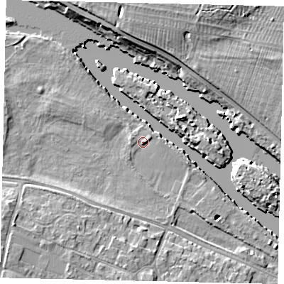 Shaded relief map of the ground around KT89AL, computed from Environment Agency LiDAR. The ground here sits at about 8 m above sea level and falls 9 m across the surrounding 800 m. Surface water reaching this point runs off ground lying to the east-south-east, 1.3 m higher.