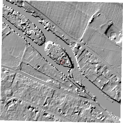 Shaded relief map of the ground around KT89AN, computed from Environment Agency LiDAR. The ground here sits at about 7 m above sea level and falls 9 m across the surrounding 800 m. Surface water reaching this point runs off ground lying to the south-south-east, 5.4 m higher.
