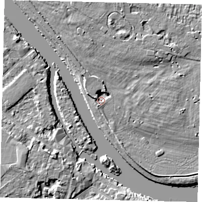 Shaded relief map of the ground around KT89AP, computed from Environment Agency LiDAR. The ground here sits at about 7 m above sea level and falls 7 m across the surrounding 800 m. Surface water reaching this point runs off ground lying to the north-north-east, 3.5 m higher.