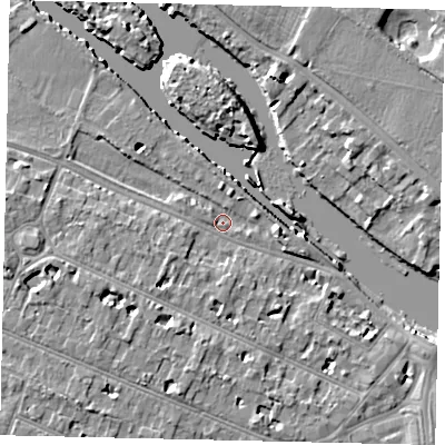 Shaded relief map of the ground around KT89AQ, computed from Environment Agency LiDAR. The ground here sits at about 7 m above sea level and falls 7 m across the surrounding 800 m. Surface water reaching this point runs off ground lying to the west, 7.0 m higher.