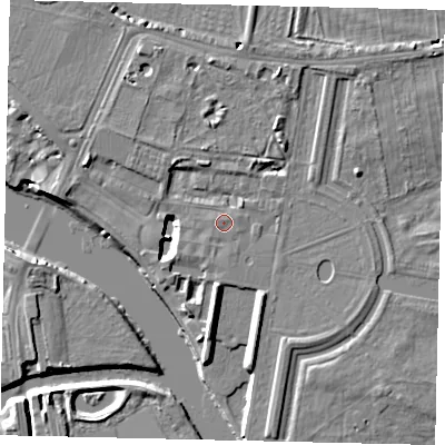 Shaded relief map of the ground around KT89AU, computed from Environment Agency LiDAR. The ground here sits at about 10 m above sea level and falls 10 m across the surrounding 800 m. The ground contributing surface water to this point lies to the west-north-west.
