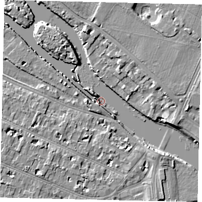 Shaded relief map of the ground around KT89AW, computed from Environment Agency LiDAR. The ground here sits at about 5 m above sea level and falls 9 m across the surrounding 800 m. Surface water reaching this point runs off ground lying to the south-east, 5.6 m higher.