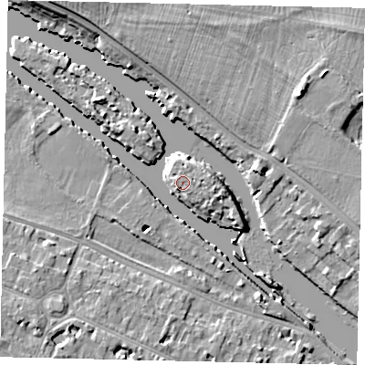 Shaded relief map of the ground around KT89AX, computed from Environment Agency LiDAR. The ground here sits at about 9 m above sea level and falls 9 m across the surrounding 800 m. Surface water reaching this point runs off ground lying to the east, 2.4 m higher.