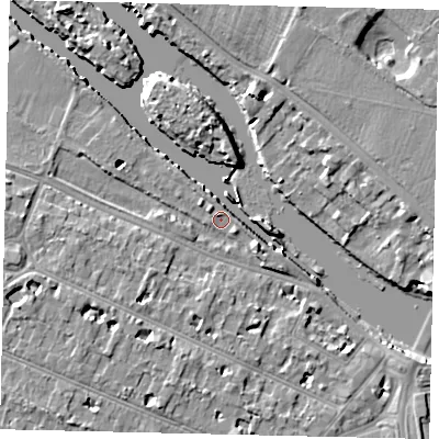 Shaded relief map of the ground around KT89AY, computed from Environment Agency LiDAR. The ground here sits at about 7 m above sea level and falls 9 m across the surrounding 800 m. Surface water reaching this point runs off ground lying to the west-south-west, 6.8 m higher.