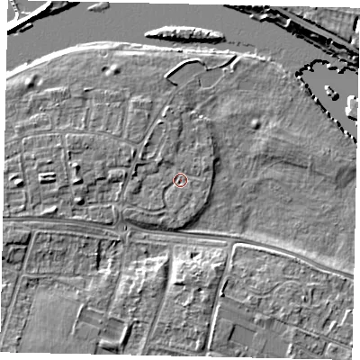 Shaded relief map of the ground around KT89AZ, computed from Environment Agency LiDAR. The ground here sits at about 9 m above sea level and falls 10 m across the surrounding 800 m. Surface water reaching this point runs off ground lying to the west, 1.3 m higher.