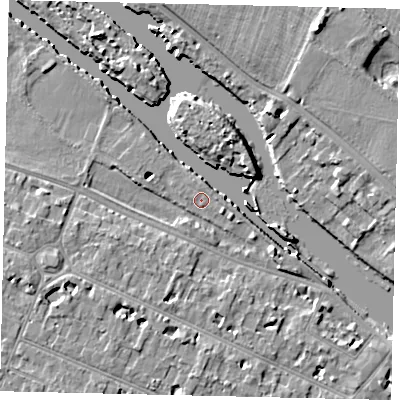 Shaded relief map of the ground around KT89BA, computed from Environment Agency LiDAR. The ground here sits at about 8 m above sea level and falls 9 m across the surrounding 800 m. Surface water reaching this point runs off ground lying to the west-south-west, 7.0 m higher.