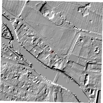 Shaded relief map of the ground around KT89BD, computed from Environment Agency LiDAR. The ground here sits at about 10 m above sea level and falls 10 m across the surrounding 800 m. Surface water reaching this point runs off ground lying to the north-east, 2.3 m higher.
