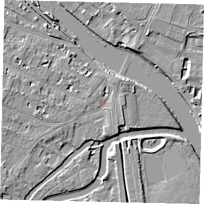 Shaded relief map of the ground around KT89BE, computed from Environment Agency LiDAR. The ground here sits at about 8 m above sea level and falls 9 m across the surrounding 800 m. Surface water reaching this point runs off ground lying to the west-south-west, 2.3 m higher.