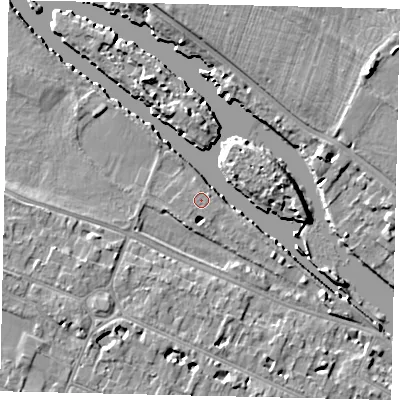 Shaded relief map of the ground around KT89BF, computed from Environment Agency LiDAR. The ground here sits at about 8 m above sea level and falls 9 m across the surrounding 800 m. Surface water reaching this point runs off ground lying to the south, 4.0 m higher.