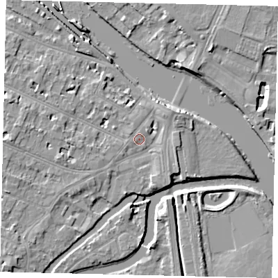 Shaded relief map of the ground around KT89BG, computed from Environment Agency LiDAR. The ground here sits at about 8 m above sea level and falls 9 m across the surrounding 800 m. Surface water reaching this point runs off ground lying to the south-west, 2.3 m higher.