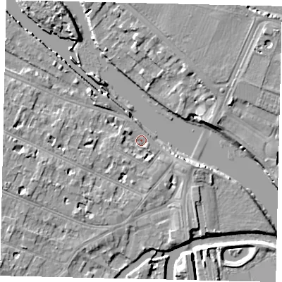 Shaded relief map of the ground around KT89BH, computed from Environment Agency LiDAR. The ground here sits at about 7 m above sea level and falls 10 m across the surrounding 800 m. Surface water reaching this point runs off ground lying to the south-south-west, 2.7 m higher.