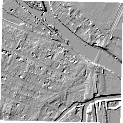Shaded relief map of the ground around KT89BJ, computed from Environment Agency LiDAR. The ground here sits at about 8 m above sea level and falls 9 m across the surrounding 800 m. Surface water reaching this point runs off ground lying to the south-south-west, 3.8 m higher.