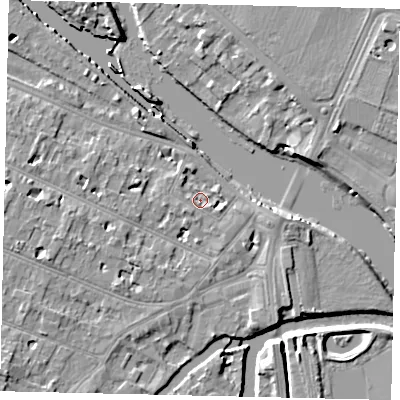 Shaded relief map of the ground around KT89BL, computed from Environment Agency LiDAR. The ground here sits at about 7 m above sea level and falls 10 m across the surrounding 800 m. Surface water reaching this point runs off ground lying to the south-west, 2.7 m higher.