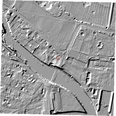 Shaded relief map of the ground around KT89BN, computed from Environment Agency LiDAR. The ground here sits at about 9 m above sea level and falls 10 m across the surrounding 800 m. Surface water reaching this point runs off ground lying to the north-east, 3.3 m higher.