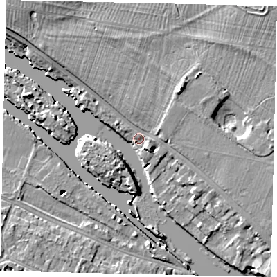 Shaded relief map of the ground around KT89BP, computed from Environment Agency LiDAR. The ground here sits at about 8 m above sea level and falls 11 m across the surrounding 800 m. Surface water reaching this point runs off ground lying to the north-east, 5.2 m higher.