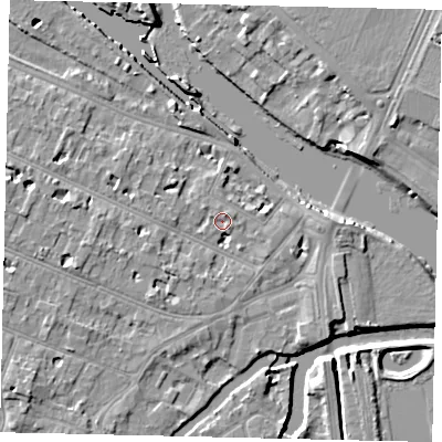 Shaded relief map of the ground around KT89BQ, computed from Environment Agency LiDAR. The ground here sits at about 8 m above sea level and falls 9 m across the surrounding 800 m. Surface water reaching this point runs off ground lying to the south-west, 3.8 m higher.