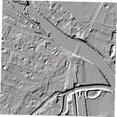Shaded relief map of the ground around KT89BT, computed from Environment Agency LiDAR. The ground here sits at about 8 m above sea level and falls 9 m across the surrounding 800 m. Surface water reaching this point runs off ground lying to the west-north-west, 1.1 m higher.