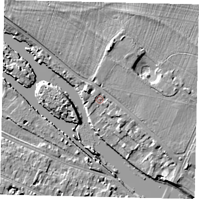 Shaded relief map of the ground around KT89BU, computed from Environment Agency LiDAR. The ground here sits at about 8 m above sea level and falls 11 m across the surrounding 800 m. Surface water reaching this point runs off ground lying to the east, 3.8 m higher.