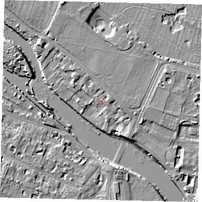 Shaded relief map of the ground around KT89BW, computed from Environment Agency LiDAR. The ground here sits at about 8 m above sea level and falls 11 m across the surrounding 800 m. Surface water reaching this point runs off ground lying to the north-east, 2.3 m higher.