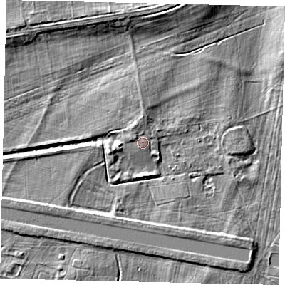 Shaded relief map of the ground around KT89DB, computed from Environment Agency LiDAR. The ground here sits at about 9 m above sea level and falls 5 m across the surrounding 800 m. Surface water reaching this point runs off ground lying to the west-north-west, 1.0 m higher.
