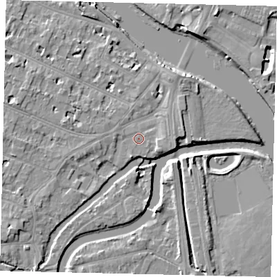 Shaded relief map of the ground around KT89DE, computed from Environment Agency LiDAR. The ground here sits at about 8 m above sea level and falls 9 m across the surrounding 800 m. Surface water reaching this point runs off ground lying to the north-north-east, 3.5 m higher.