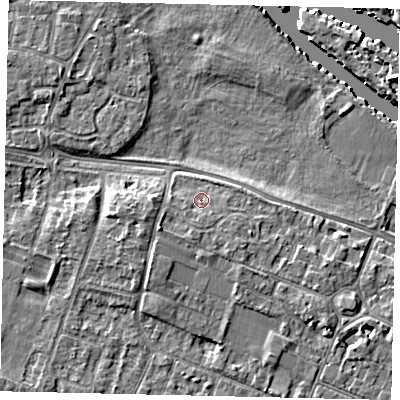 Shaded relief map of the ground around KT89DG, computed from Environment Agency LiDAR. The ground here sits at about 9 m above sea level and falls 7 m across the surrounding 800 m. Surface water reaching this point runs off ground lying to the south-south-west, 1.8 m higher.