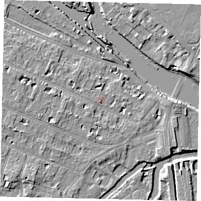 Shaded relief map of the ground around KT89DJ, computed from Environment Agency LiDAR. The ground here sits at about 9 m above sea level and falls 9 m across the surrounding 800 m. Surface water reaching this point runs off ground lying to the west-north-west, 4.5 m higher.