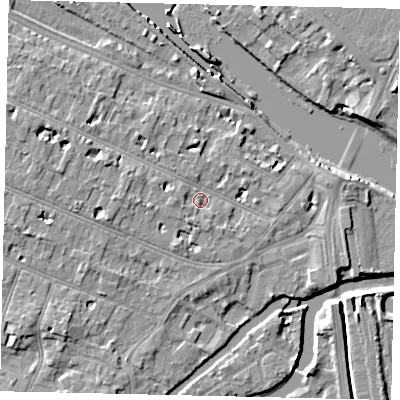 Shaded relief map of the ground around KT89DL, computed from Environment Agency LiDAR. The ground here sits at about 8 m above sea level and falls 9 m across the surrounding 800 m. Surface water reaching this point runs off ground lying to the west-north-west, 4.3 m higher.