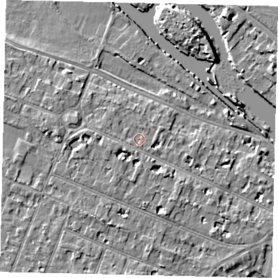 Shaded relief map of the ground around KT89DN, computed from Environment Agency LiDAR. The ground here sits at about 9 m above sea level and falls 7 m across the surrounding 800 m. Surface water reaching this point runs off ground lying to the west, 0.7 m higher.