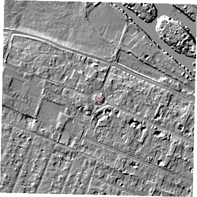 Shaded relief map of the ground around KT89DR, computed from Environment Agency LiDAR. The ground here sits at about 11 m above sea level and falls 7 m across the surrounding 800 m. Surface water reaching this point runs off ground lying to the south-south-west, 1.1 m higher.