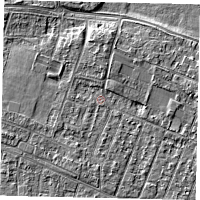 Shaded relief map of the ground around KT89DZ, computed from Environment Agency LiDAR. The ground here sits at about 9 m above sea level and falls 5 m across the surrounding 800 m. Surface water reaching this point runs off ground lying to the west-south-west, 2.6 m higher.