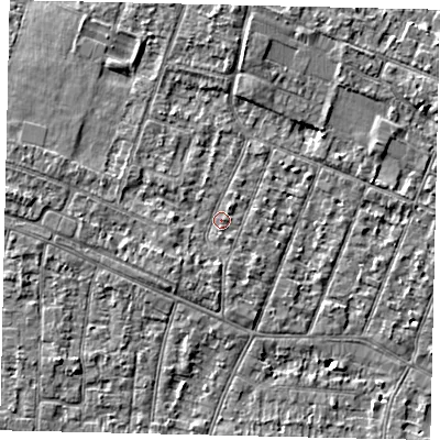 Shaded relief map of the ground around KT89EA, computed from Environment Agency LiDAR. The ground here sits at about 9 m above sea level and falls 4 m across the surrounding 800 m. Surface water reaching this point runs off ground lying to the west, 2.1 m higher.
