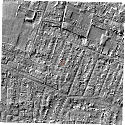 Shaded relief map of the ground around KT89ED, computed from Environment Agency LiDAR. The ground here sits at about 9 m above sea level and falls 5 m across the surrounding 800 m. Surface water reaching this point runs off ground lying to the south, 1.2 m higher.
