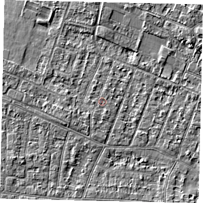 Shaded relief map of the ground around KT89EE, computed from Environment Agency LiDAR. The ground here sits at about 9 m above sea level and falls 4 m across the surrounding 800 m. Surface water reaching this point runs off ground lying to the south-south-west, 1.2 m higher.