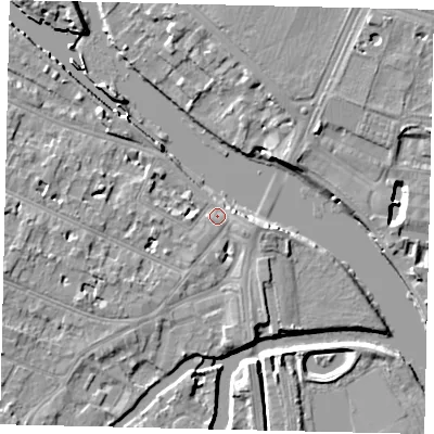 Shaded relief map of the ground around KT89EP, computed from Environment Agency LiDAR. The ground here sits at about 8 m above sea level and falls 10 m across the surrounding 800 m. Surface water reaching this point runs off ground lying to the south-west, 3.0 m higher.