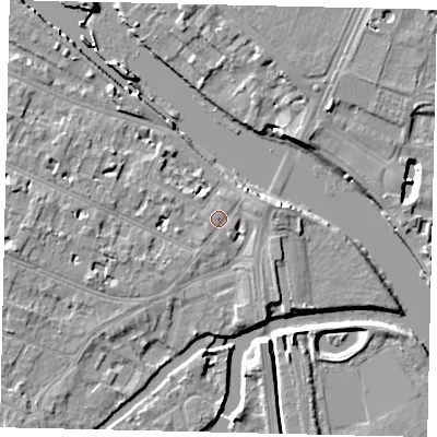 Shaded relief map of the ground around KT89EU, computed from Environment Agency LiDAR. The ground here sits at about 8 m above sea level and falls 9 m across the surrounding 800 m. Surface water reaching this point runs off ground lying to the south-west, 3.0 m higher.