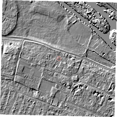 Shaded relief map of the ground around KT89FB, computed from Environment Agency LiDAR. The ground here sits at about 10 m above sea level and falls 7 m across the surrounding 800 m. Surface water reaching this point runs off ground lying to the south-south-east, 1.7 m higher.