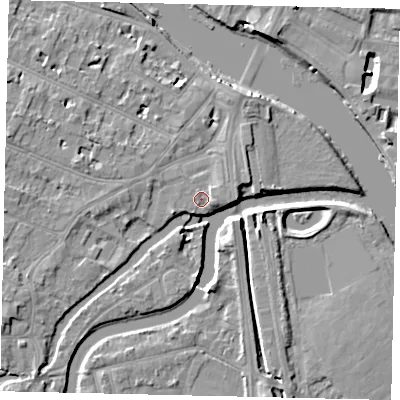 Shaded relief map of the ground around KT89FD, computed from Environment Agency LiDAR. The ground here sits at about 8 m above sea level and falls 9 m across the surrounding 800 m. Surface water reaching this point runs off ground lying to the east, 1.5 m higher.