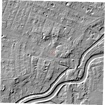Shaded relief map of the ground around KT89FF, computed from Environment Agency LiDAR. The ground here sits at about 9 m above sea level and falls 6 m across the surrounding 800 m. Surface water reaching this point runs off ground lying to the north-north-east, 2.6 m higher.