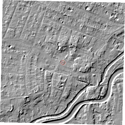 Shaded relief map of the ground around KT89FG, computed from Environment Agency LiDAR. The ground here sits at about 9 m above sea level and falls 6 m across the surrounding 800 m. Surface water reaching this point runs off ground lying to the north-east, 2.6 m higher.